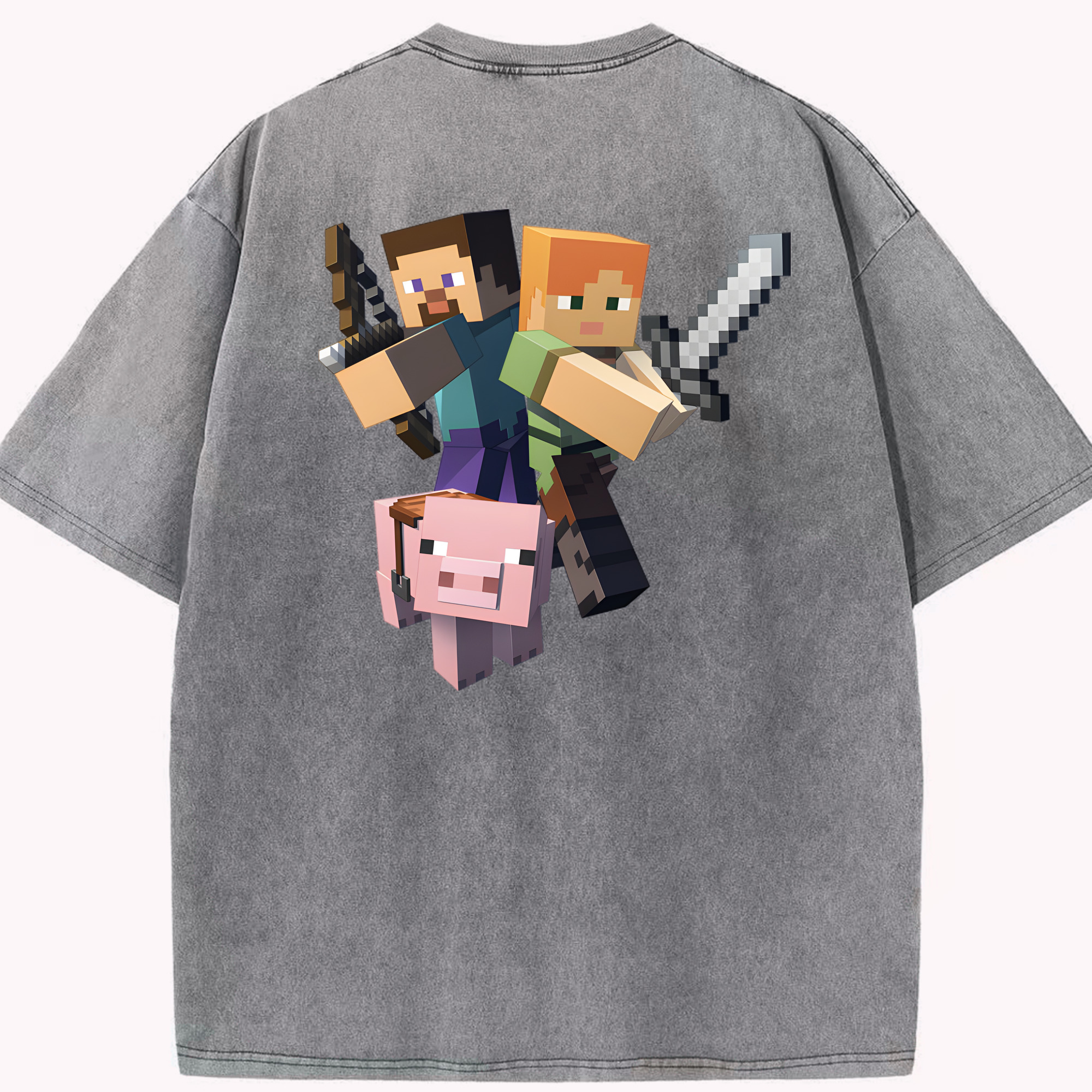 （画像用） マインクラフト ブロックの世界 Minecraft MC Block world 綿100% ヴィンテージ風 半袖Tシャツ（背面プリント）